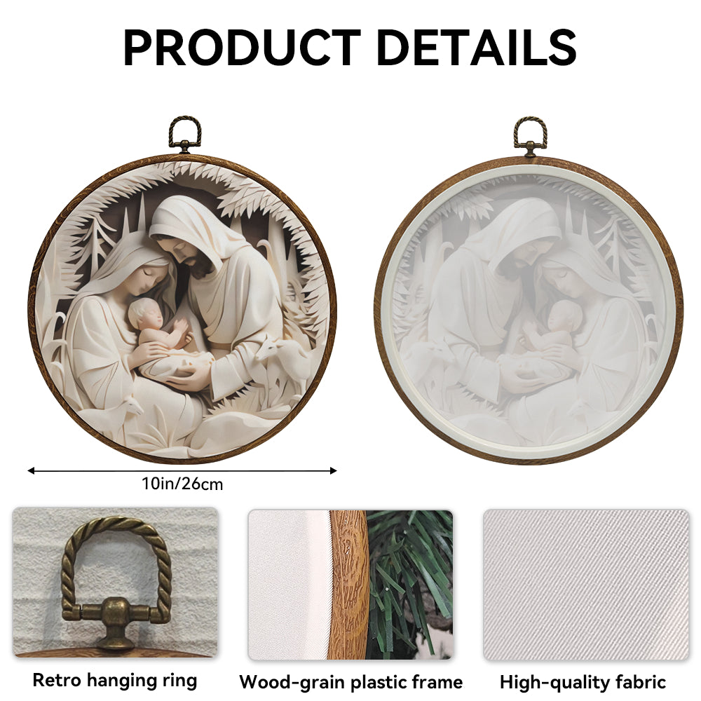 Holy Family Nativity Framed Round Wall Art – Paper Sculpture Style Christmas Décor