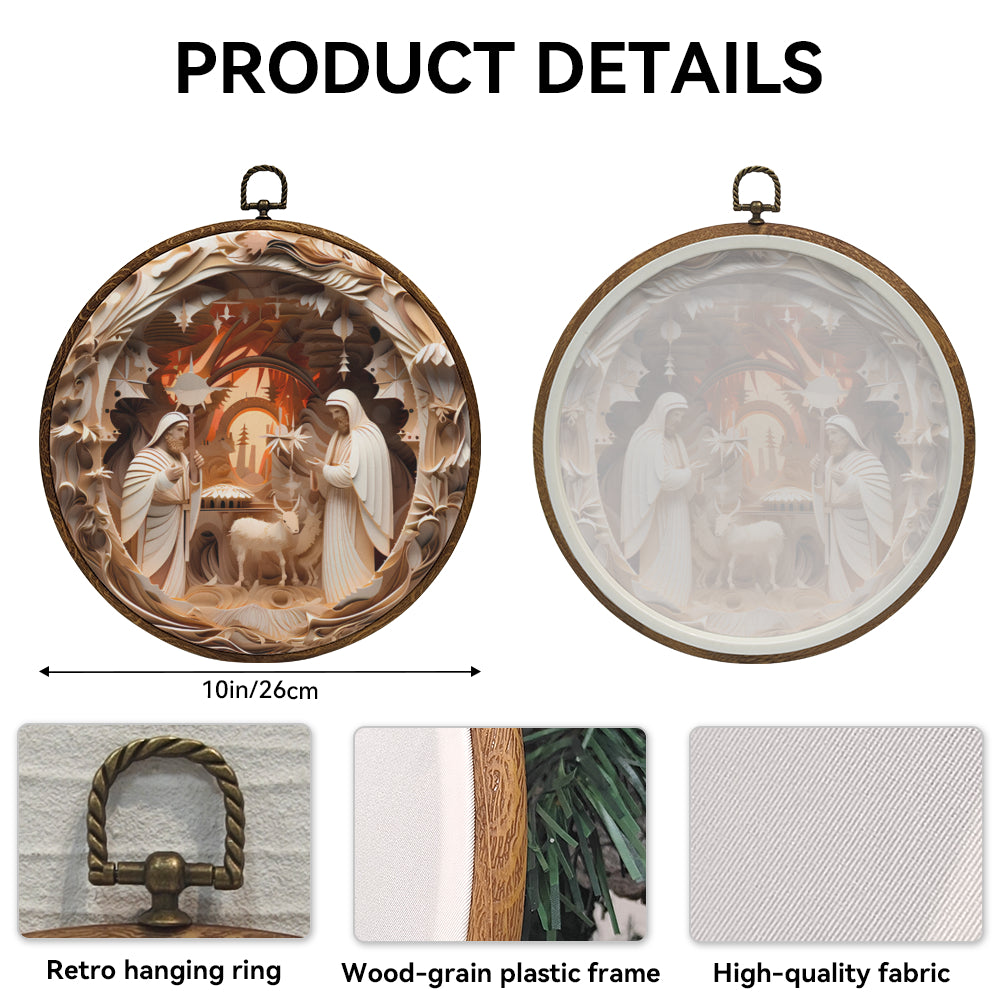 Nativity Blessing Framed Round Wall Art – Paper Sculpture Style Christmas Décor