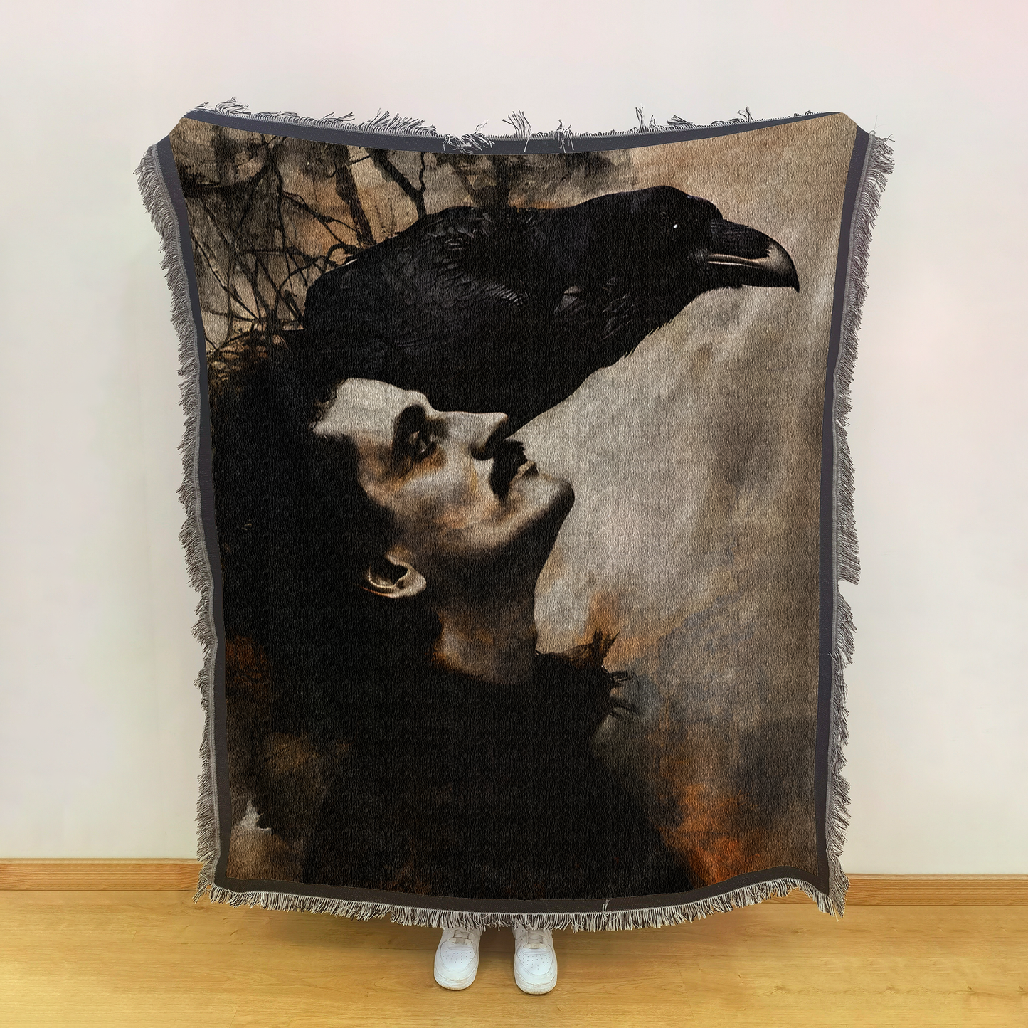 Edgar Allan Poe & The Raven Woven Blanket – Gothic Literary Art Throw
