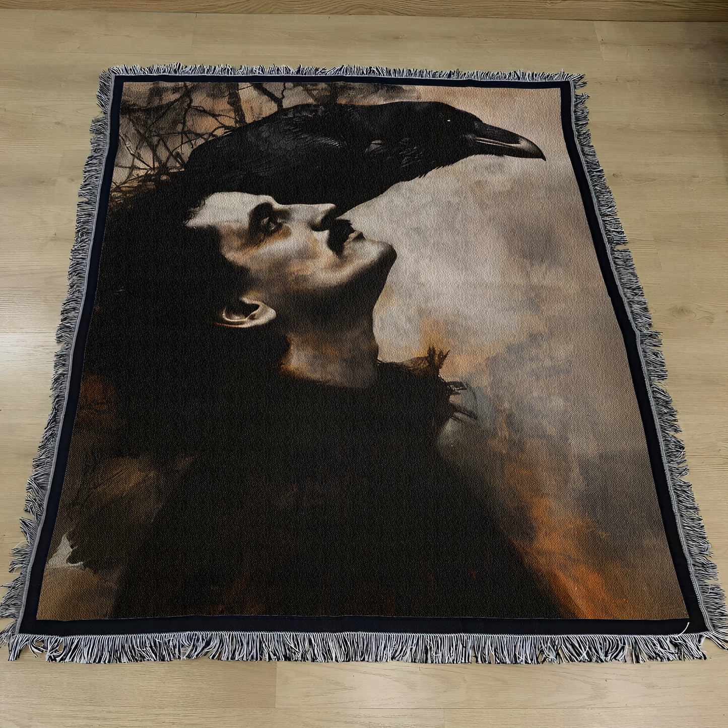 Edgar Allan Poe & The Raven Woven Blanket – Gothic Literary Art Throw