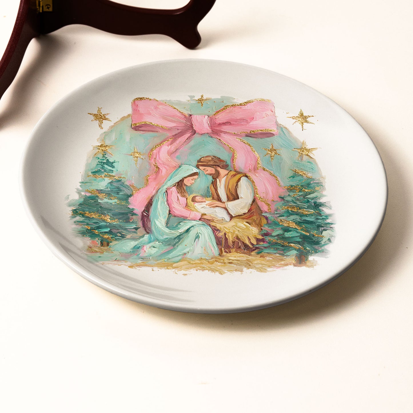 Holy Family Nativity Decorative Plate with Pink Bow and Gold Accents