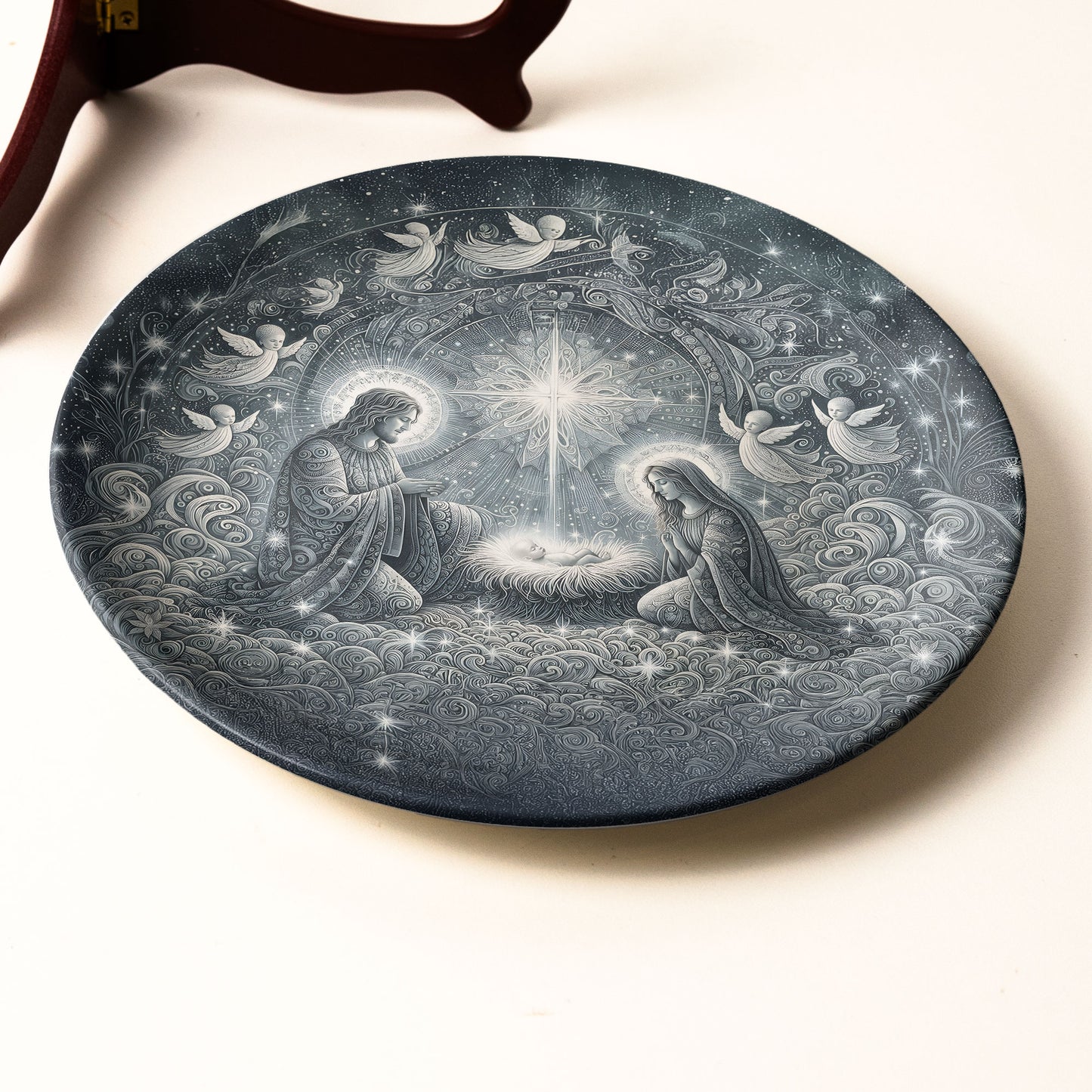 Celestial Nativity Scene Decorative Plate - Religious Christmas Art Wall Decor with Angels and Holy Family