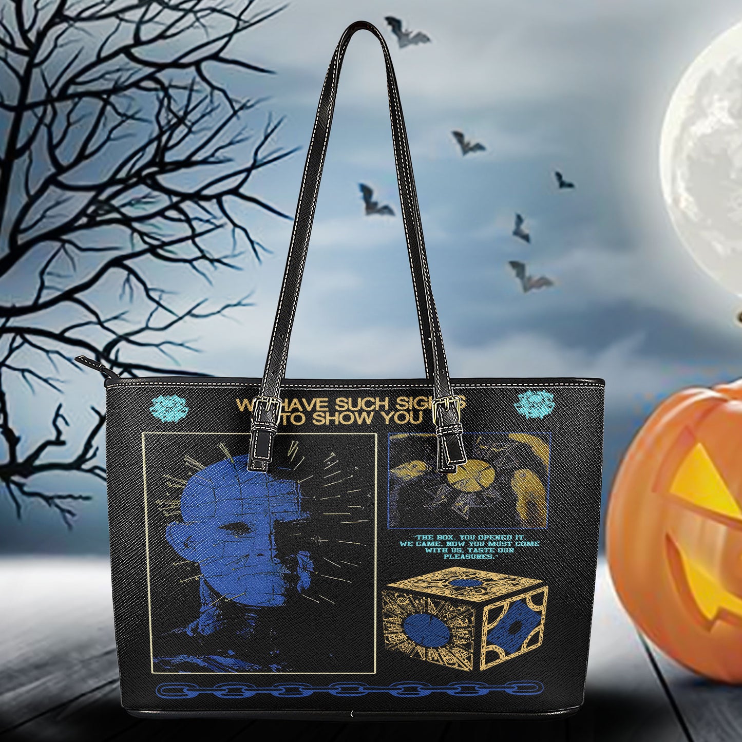 Horror Inspired Leather ToteBag – Gothic Pinhead Design with Hellraiser Puzzle Box