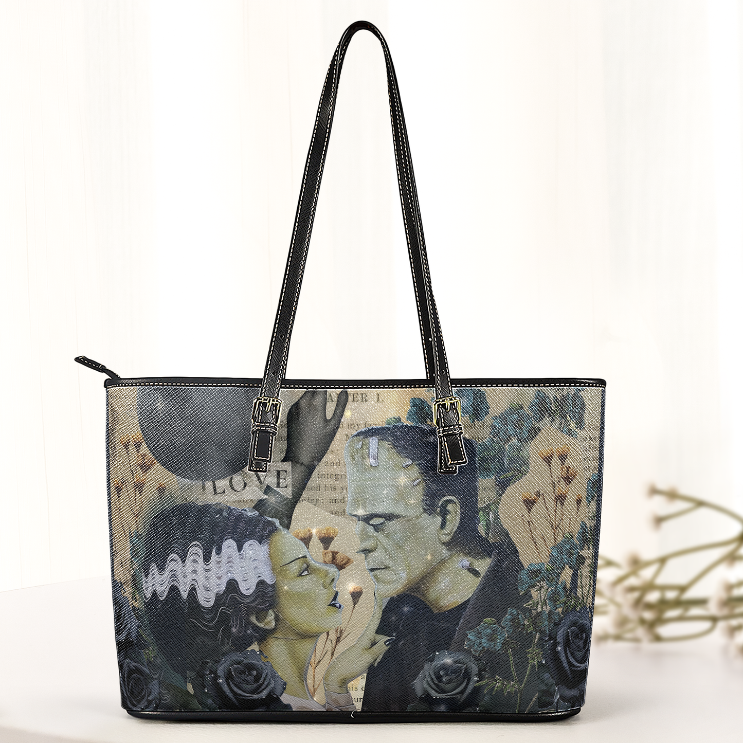 Frankenstein & Bride Leather Tote Bag – Gothic Romance Horror Design