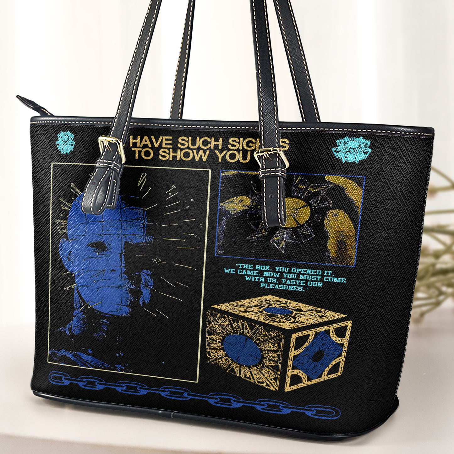 Horror Inspired Leather ToteBag – Gothic Pinhead Design with Hellraiser Puzzle Box