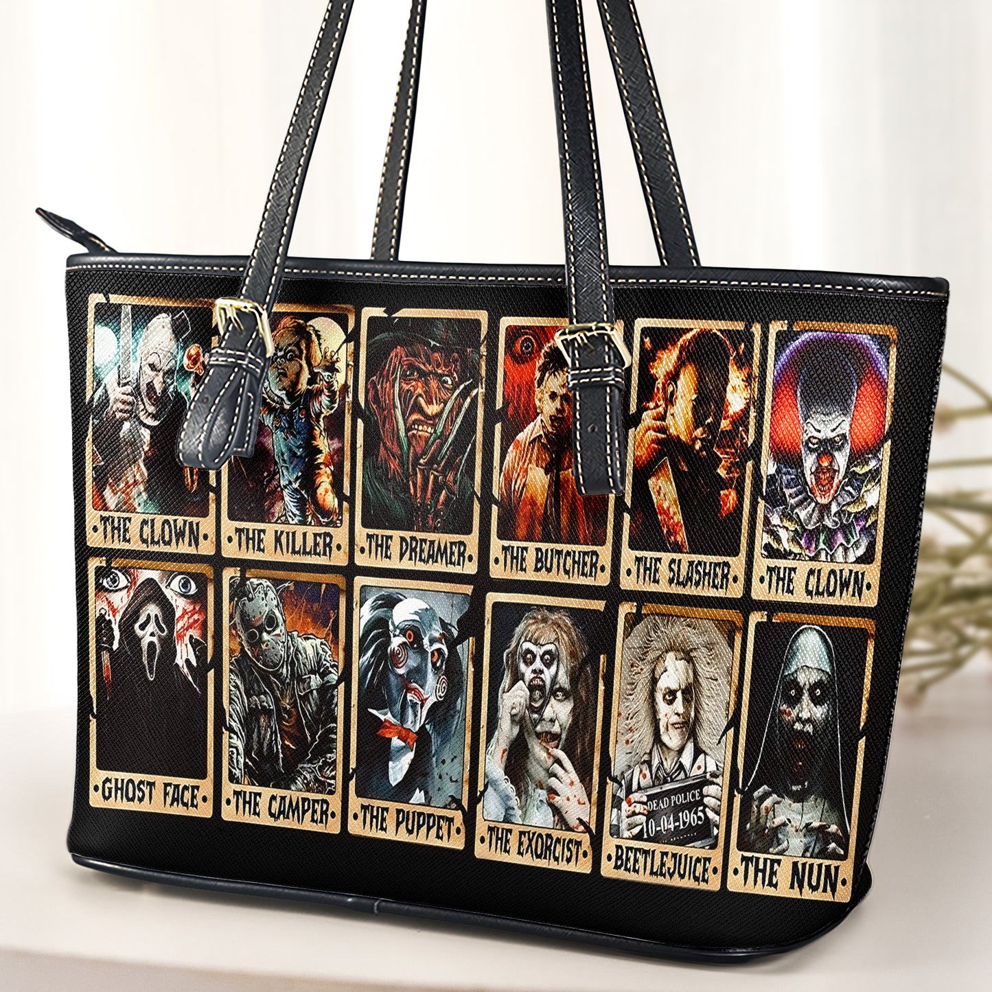 Horror Icons Leather Tote Bag – Classic Movie Villains & Creepy Legends