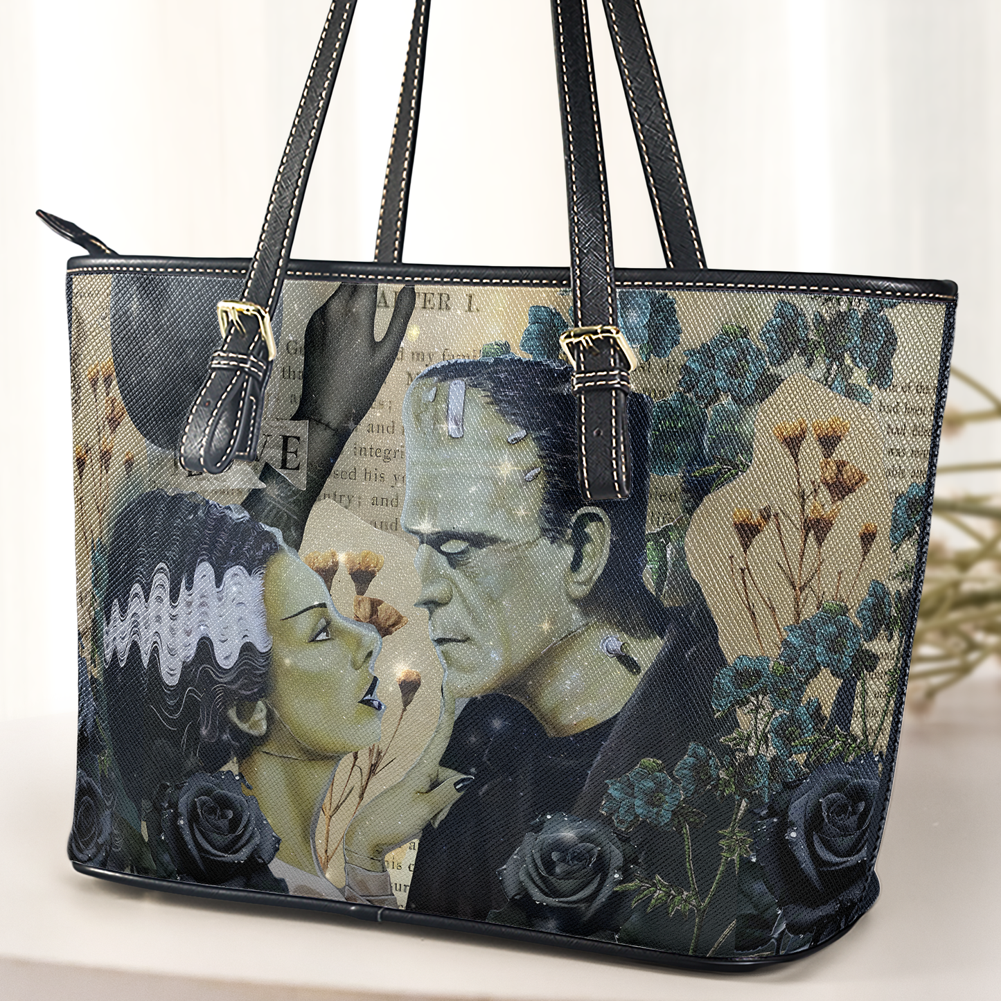 Frankenstein & Bride Leather Tote Bag – Gothic Romance Horror Design