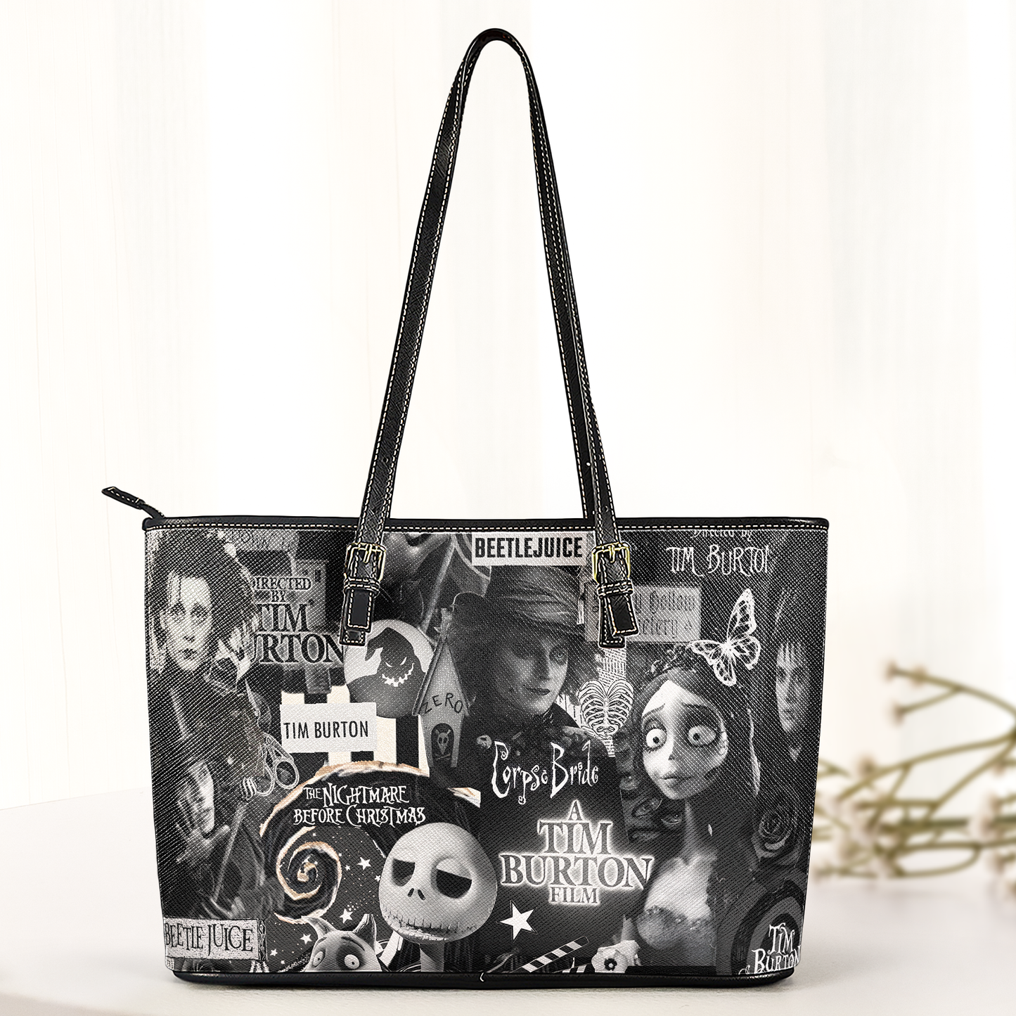 Tim Burton Collage Leather ToteBag – Gothic Horror Inspired Design