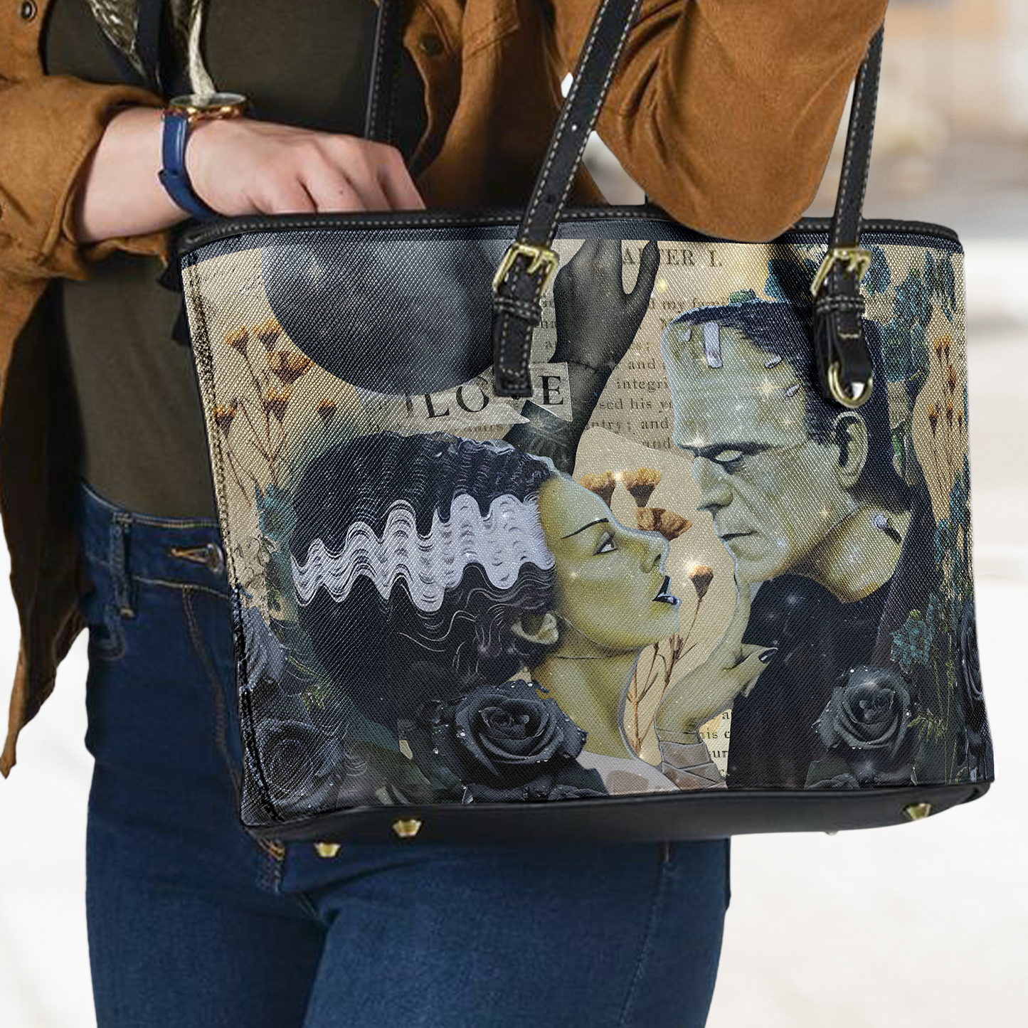 Frankenstein & Bride Leather Tote Bag – Gothic Romance Horror Design