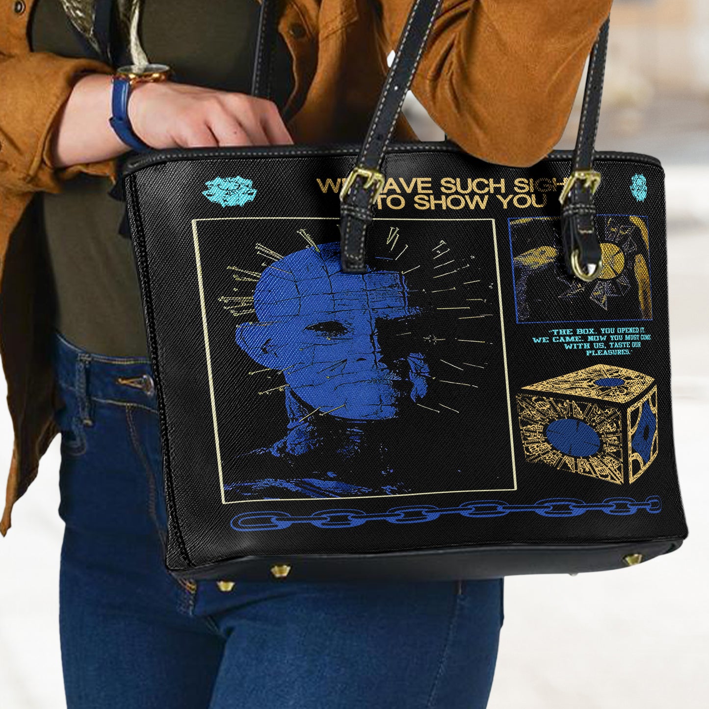 Horror Inspired Leather ToteBag – Gothic Pinhead Design with Hellraiser Puzzle Box