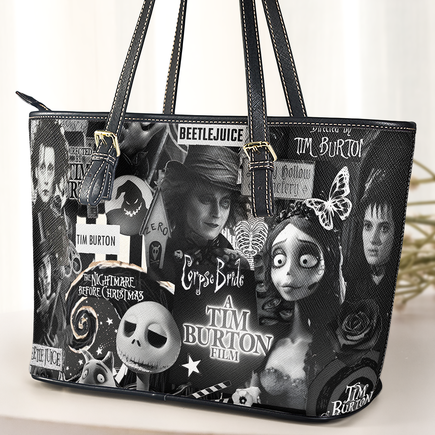 Tim Burton Collage Leather ToteBag – Gothic Horror Inspired Design