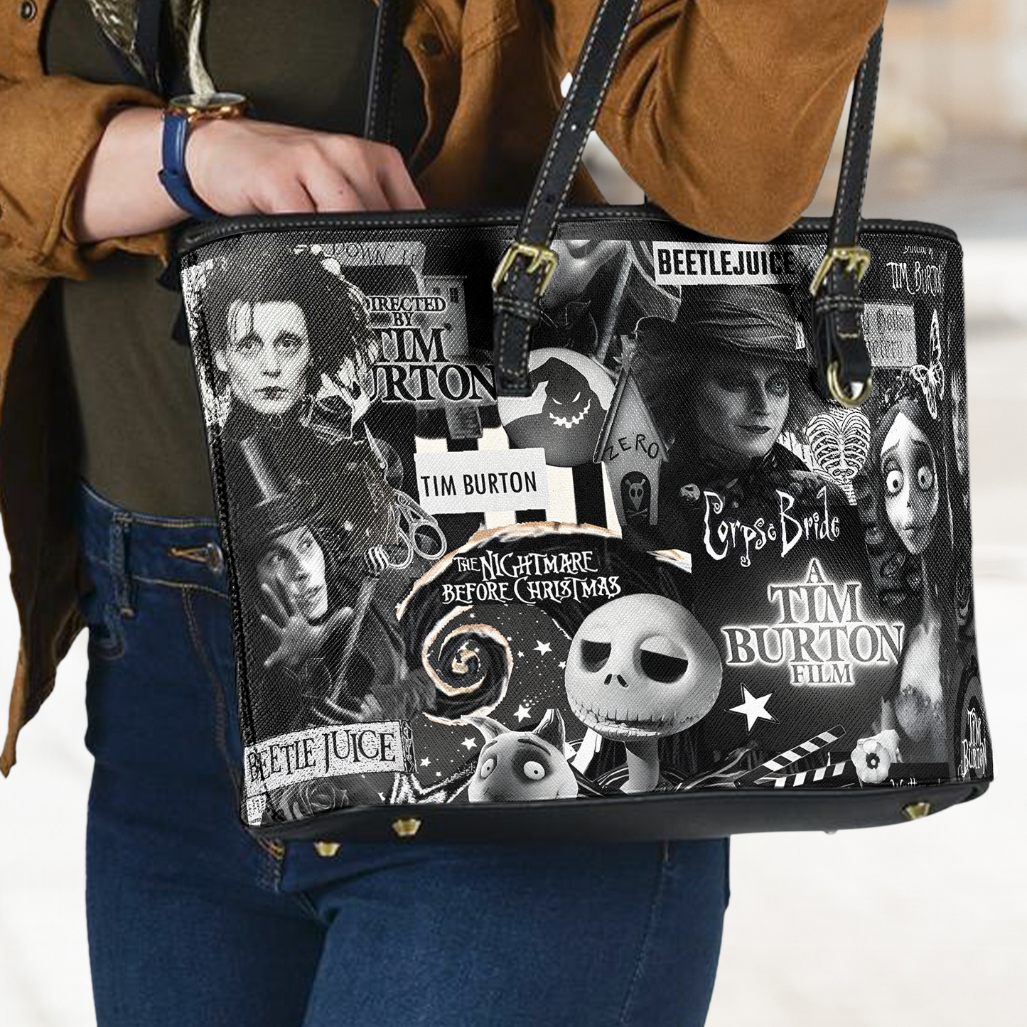 Tim Burton Collage Leather ToteBag – Gothic Horror Inspired Design