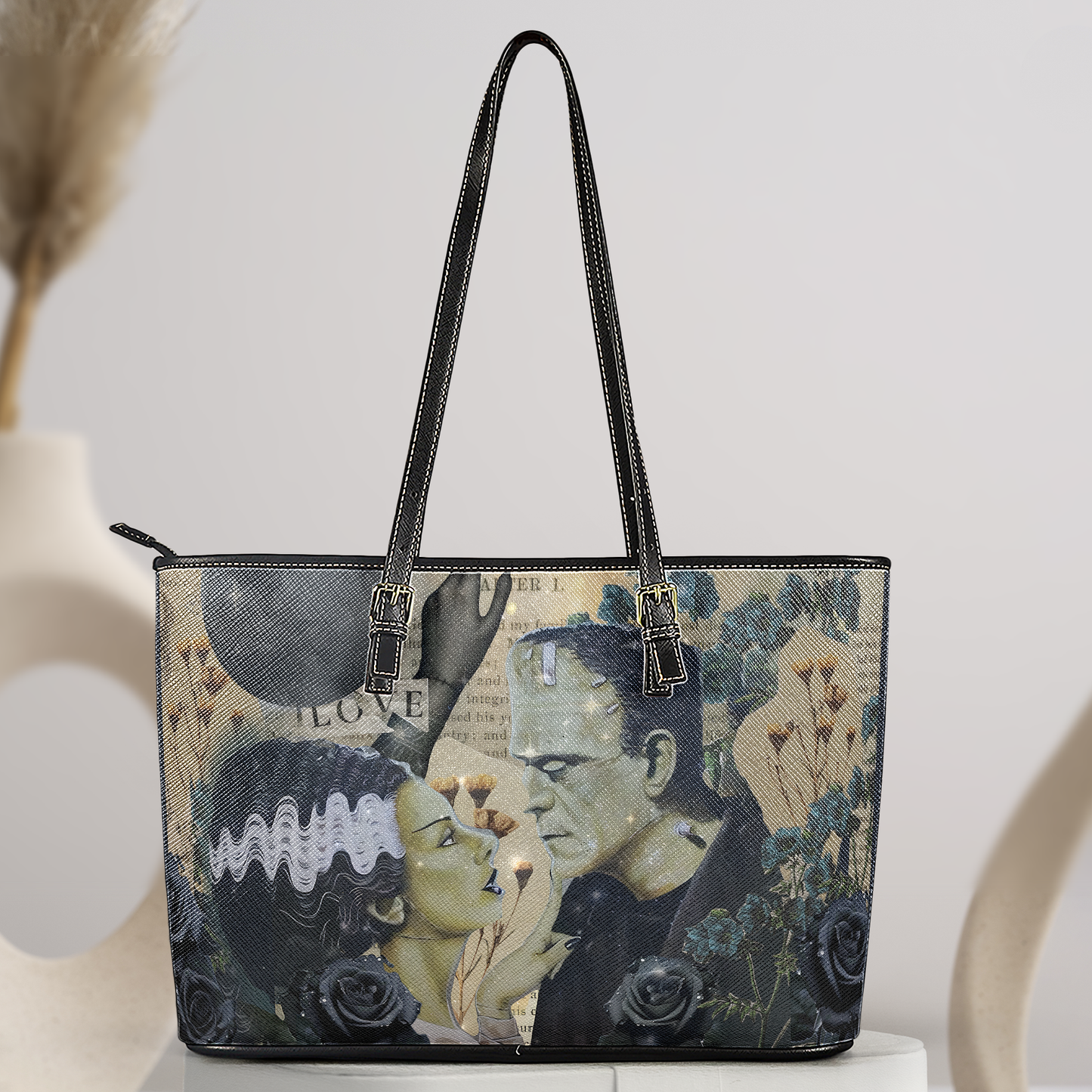 Frankenstein & Bride Leather Tote Bag – Gothic Romance Horror Design