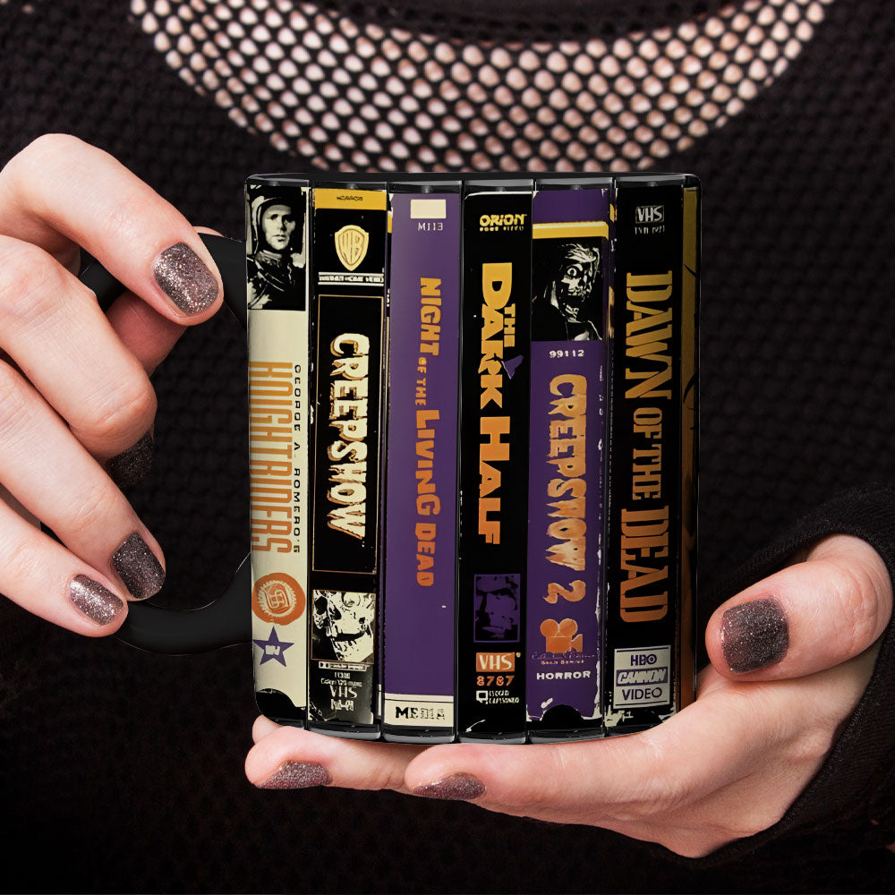 Retro VHS Horror Accent Coffee Mug – Creepshow, Dawn of the Dead, Monkey Shines & More