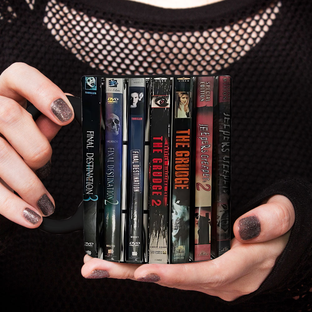 Ultimate Halloween Horror Accent Coffee Mug – VHS & DVD Spines Edition