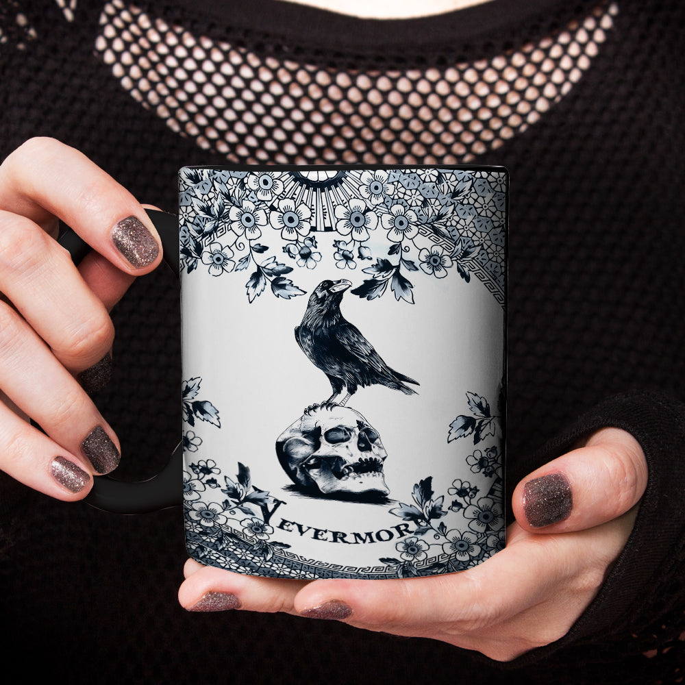 Gothic “Nevermore” Raven & Skull Accent Mug – Inspired by Edgar Allan Poe