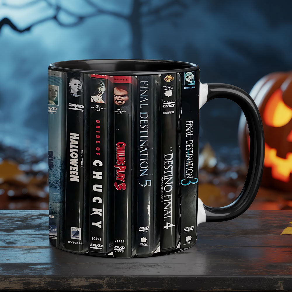 Ultimate Halloween Horror Accent Coffee Mug – VHS & DVD Spines Edition