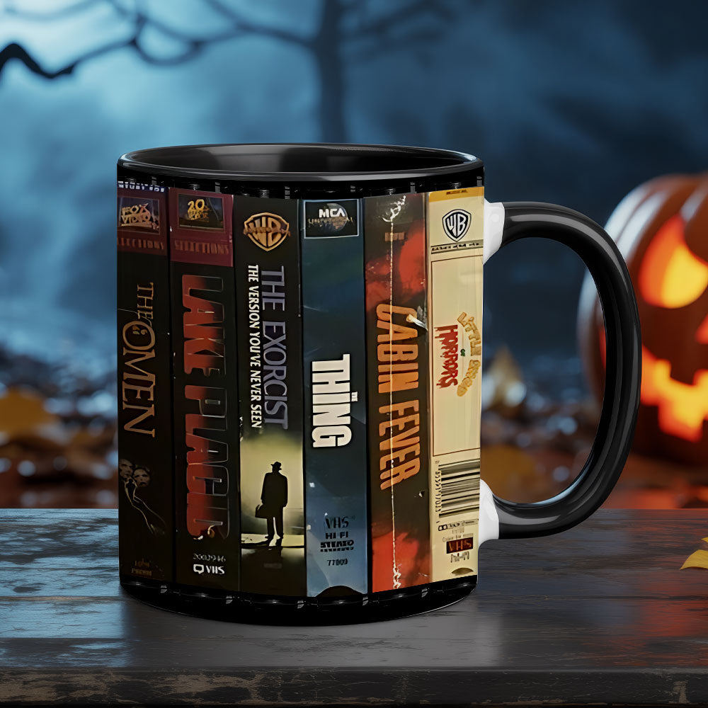 Retro Horror Vault Accent Coffee Mug – VHS Classics from the Dark Shelf