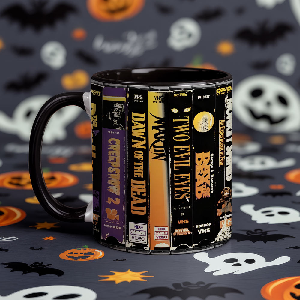 Retro VHS Horror Accent Coffee Mug – Creepshow, Dawn of the Dead, Monkey Shines & More