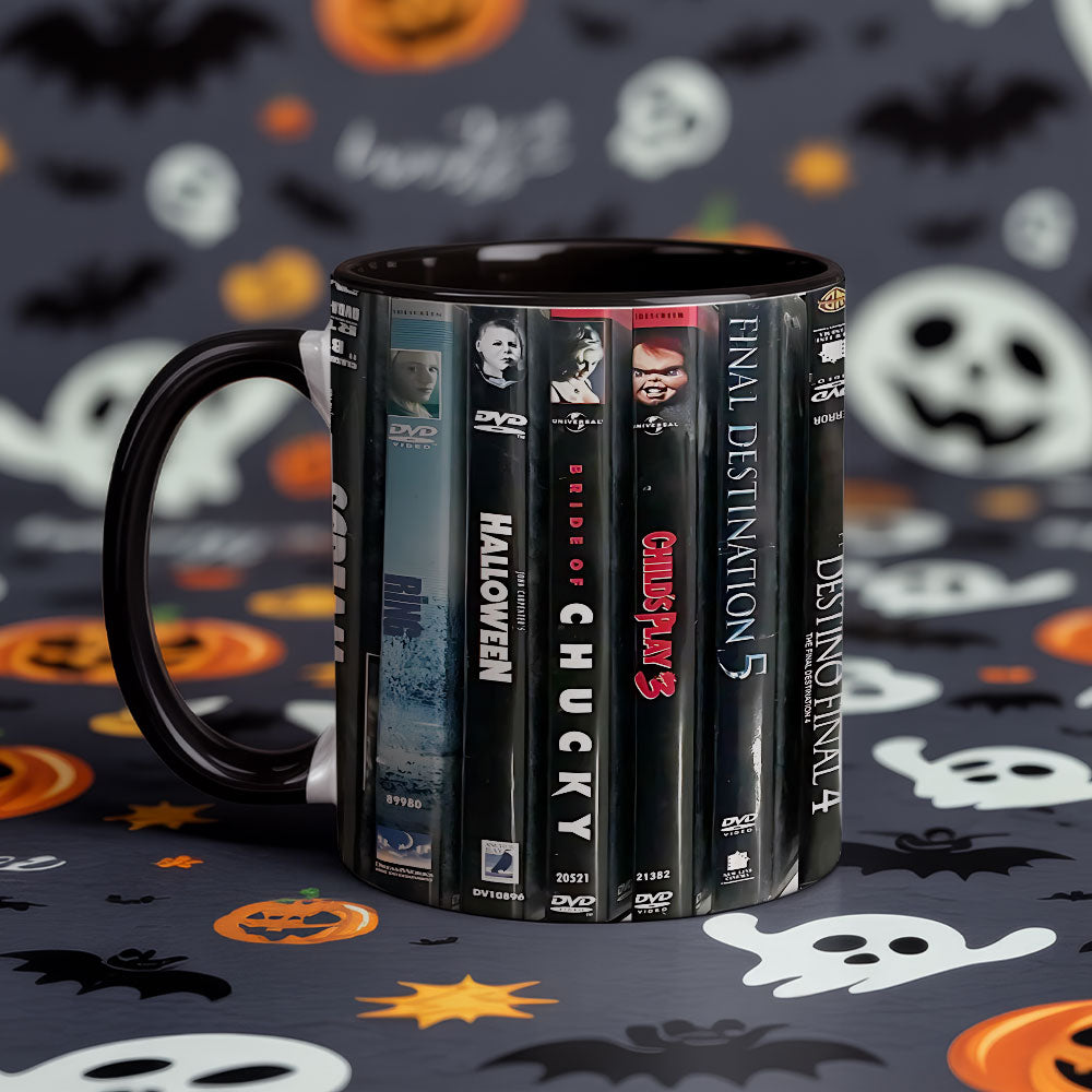 Ultimate Halloween Horror Accent Coffee Mug – VHS & DVD Spines Edition