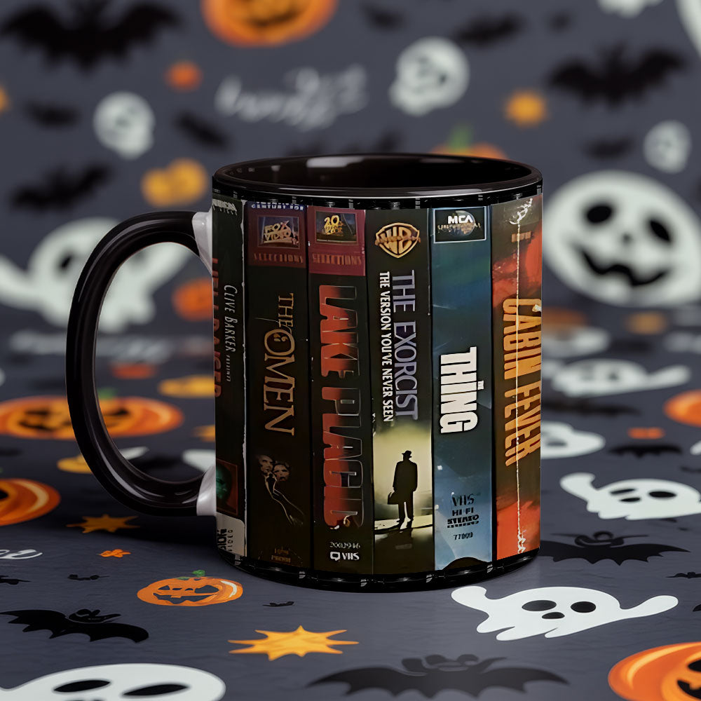 Retro Horror Vault Accent Coffee Mug – VHS Classics from the Dark Shelf