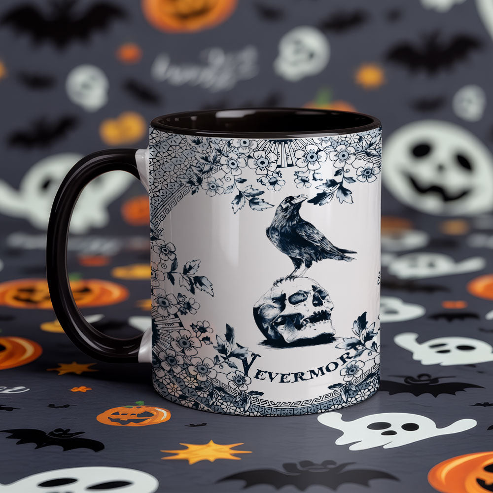 Gothic “Nevermore” Raven & Skull Accent Mug – Inspired by Edgar Allan Poe