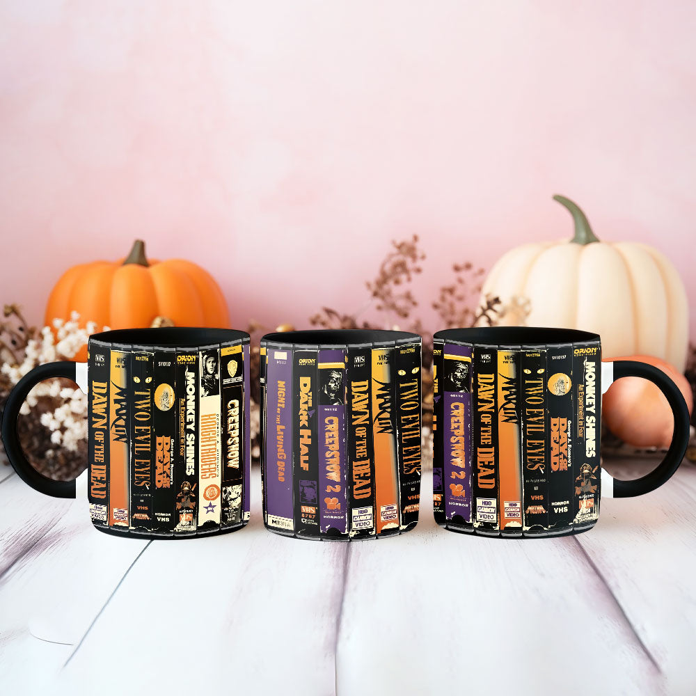 Retro VHS Horror Accent Coffee Mug – Creepshow, Dawn of the Dead, Monkey Shines & More