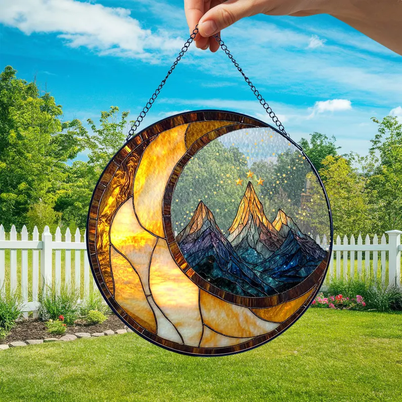 Velaris Stained Glass Suncatcher – Celestial Mountain Fantasy Scene
