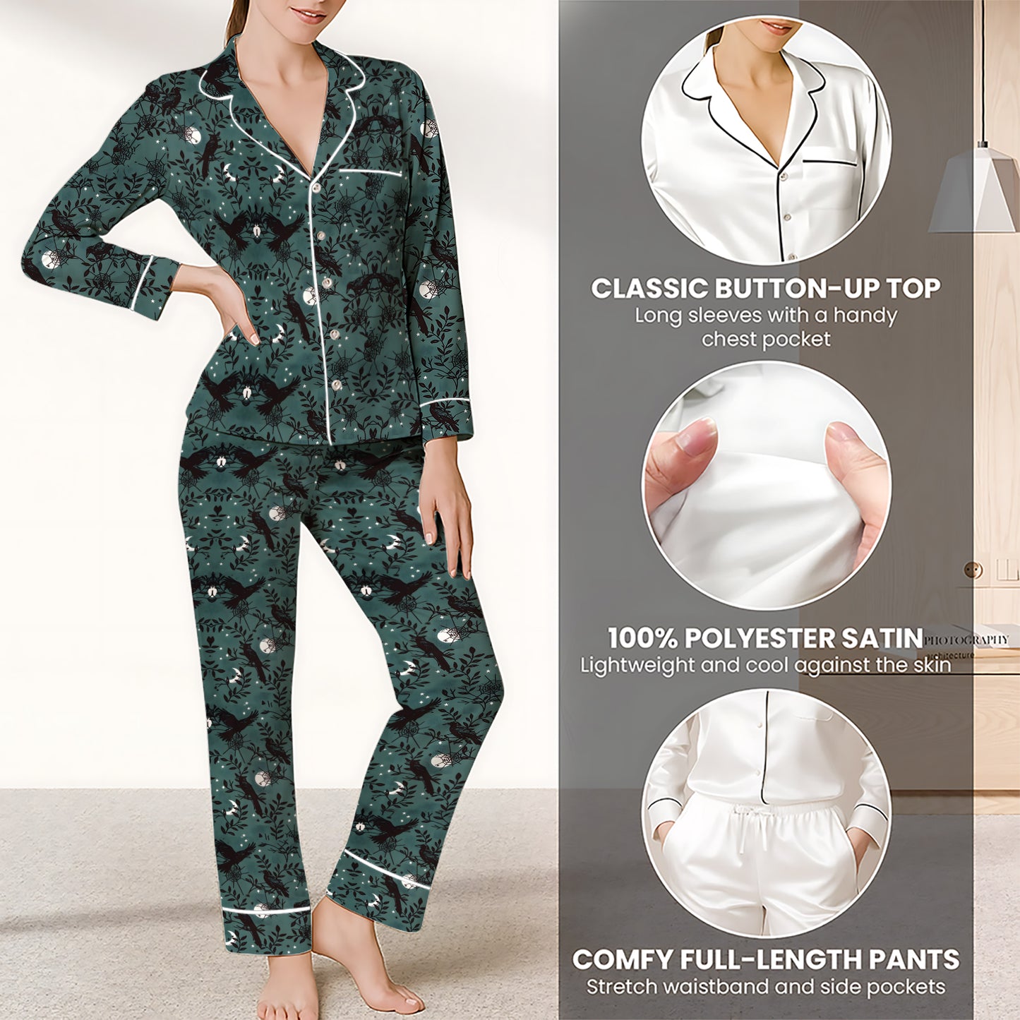Gothic Pajama Set - Gothic Edgar Allan Poe The Raven Satin Pajamas Set