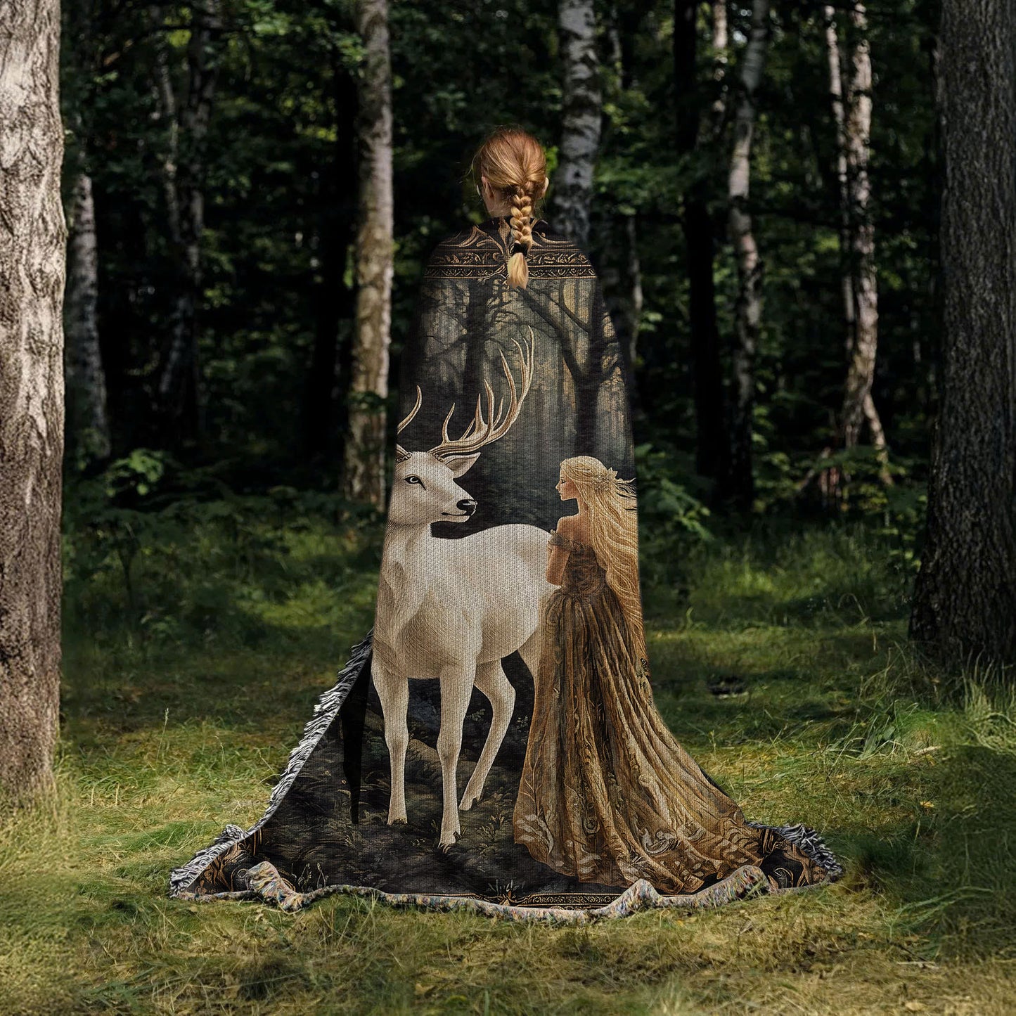 White Stag vs Aelin Of The Forest Realms Fantasy Woven Blanket