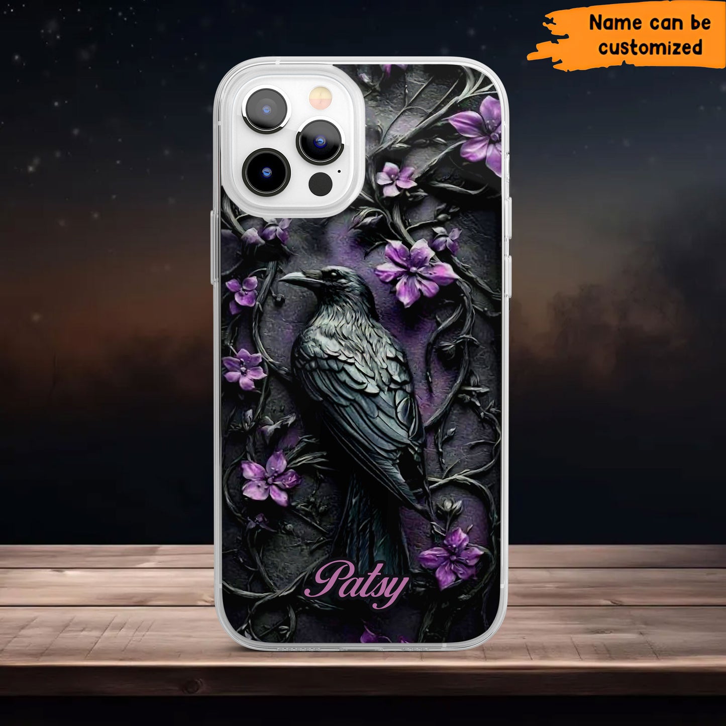 Gothic Raven Phone Case with Purple Flowers - Personalized Clear Phone