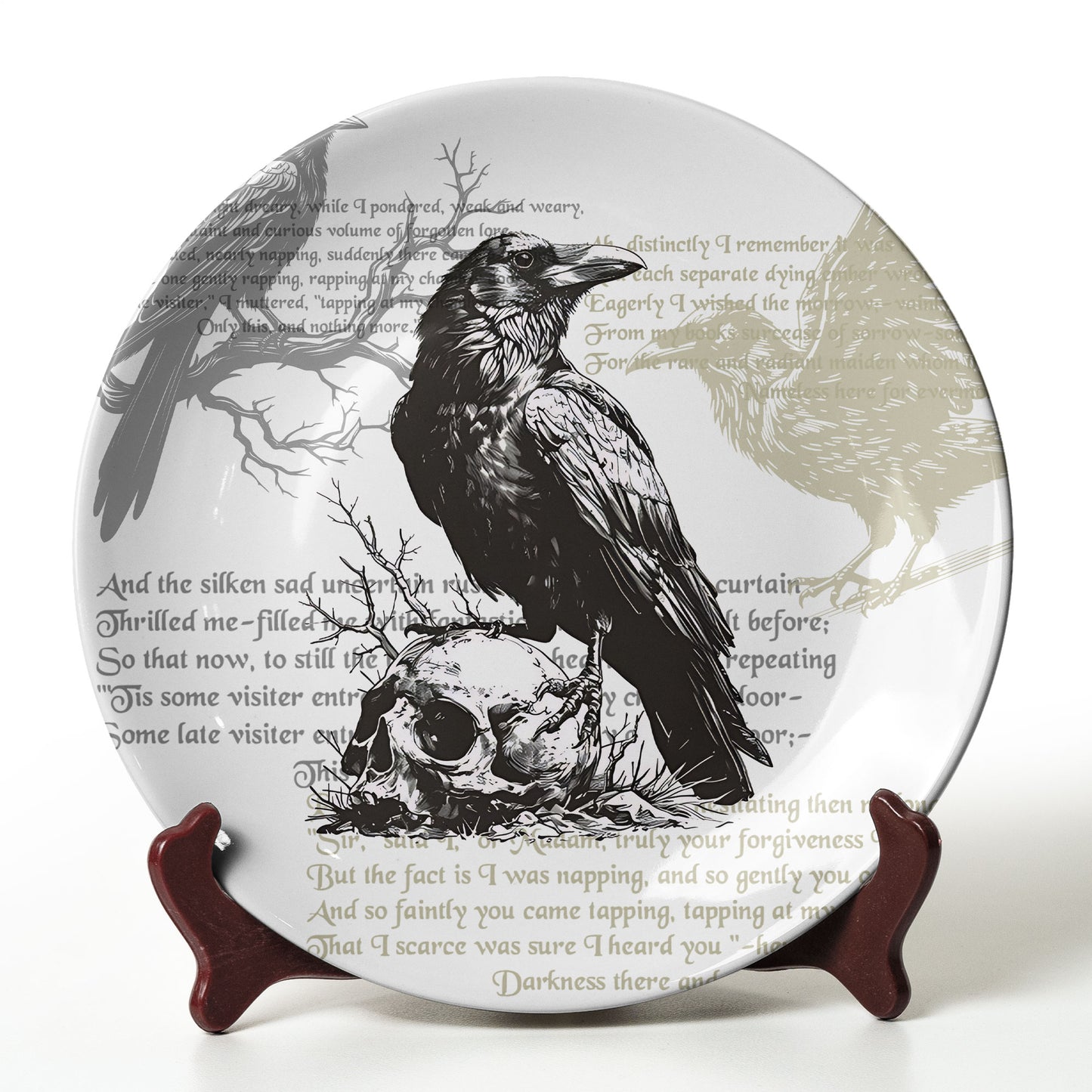 “Nevermore” Raven & Skull Decorative Ceramic Plate – Inspired by Edgar Allan Poe