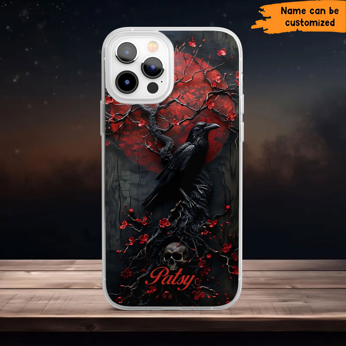 Gothic Raven & Skull Phone Case – Dark Red Moon Cover Personalized Clear Phone