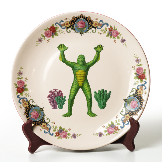 Vintage Floral Plate Featuring Gill-man from Creature from the Black Lagoon