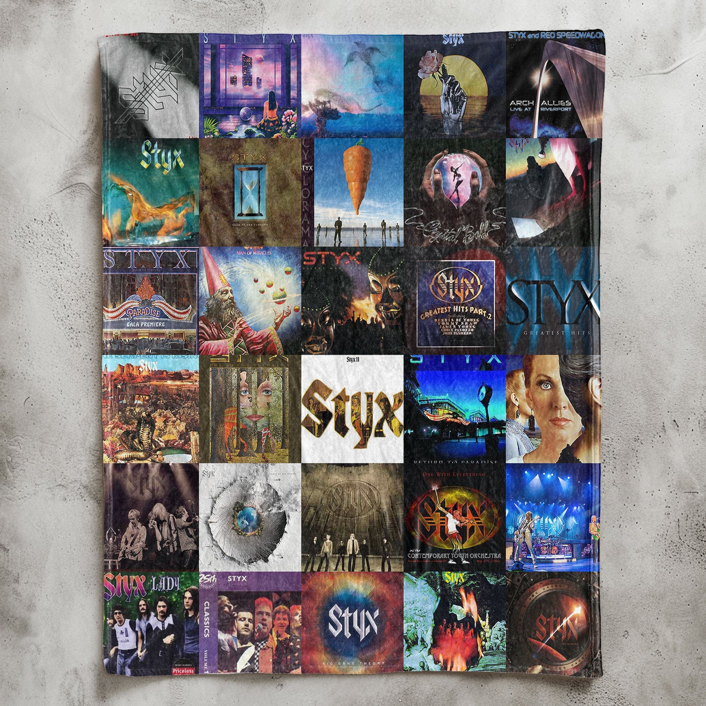 Styx Sherpa Blanket – Iconic Album Cover Collage Cozy Throw for Classic Rock Fans