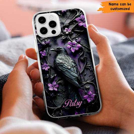 Gothic Raven Phone Case with Purple Flowers - Personalized Clear Phone