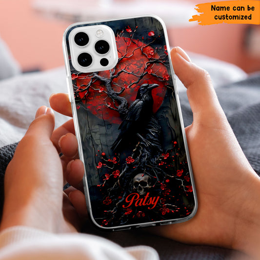 Gothic Raven & Skull Phone Case – Dark Red Moon Cover Personalized Clear Phone