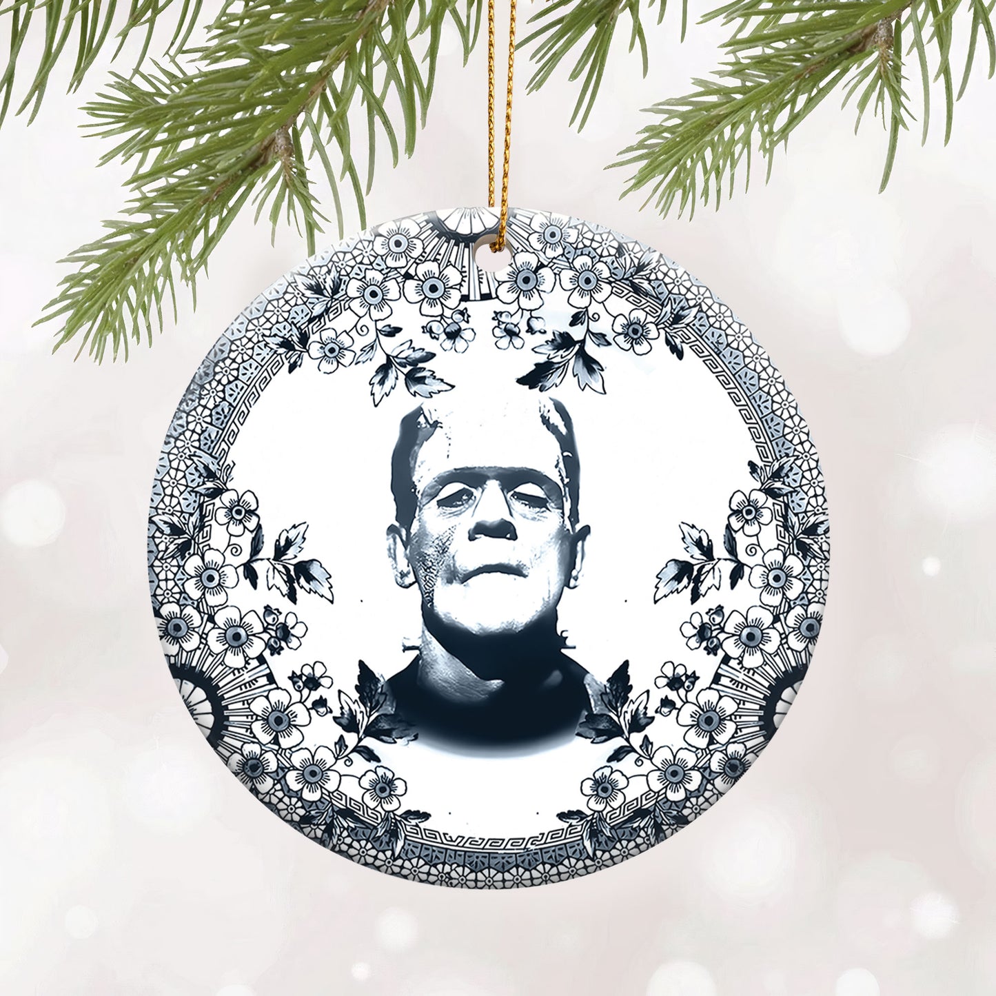 Frankenstein Vintage Floral Christmas Ornament