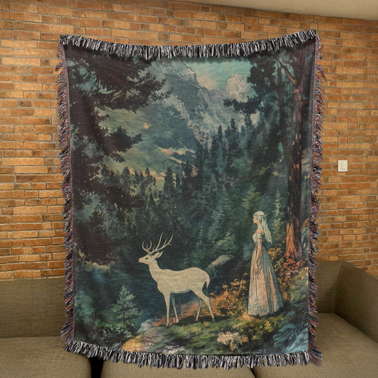 Stag and Maiden in the Forest Blanket - Throne of Glass Woven Blanket