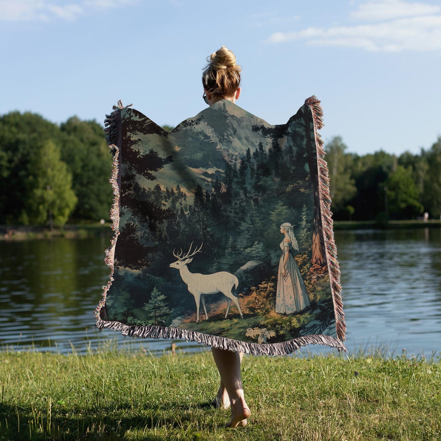 Stag and Maiden in the Forest Blanket - Throne of Glass Woven Blanket