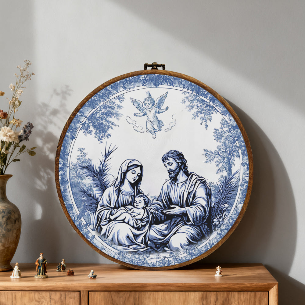 Holy Family Blue Framed Round Wall Art – Classic Religious Wall Décor