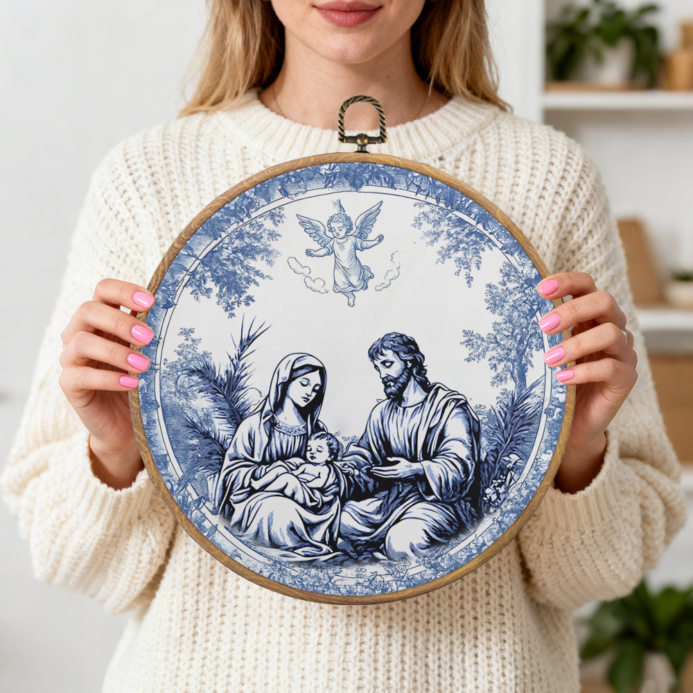 Holy Family Blue Framed Round Wall Art – Classic Religious Wall Décor