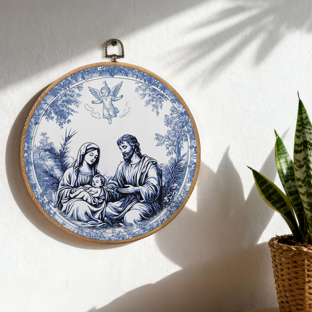 Holy Family Blue Framed Round Wall Art – Classic Religious Wall Décor