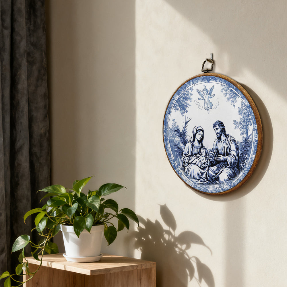 Holy Family Blue Framed Round Wall Art – Classic Religious Wall Décor