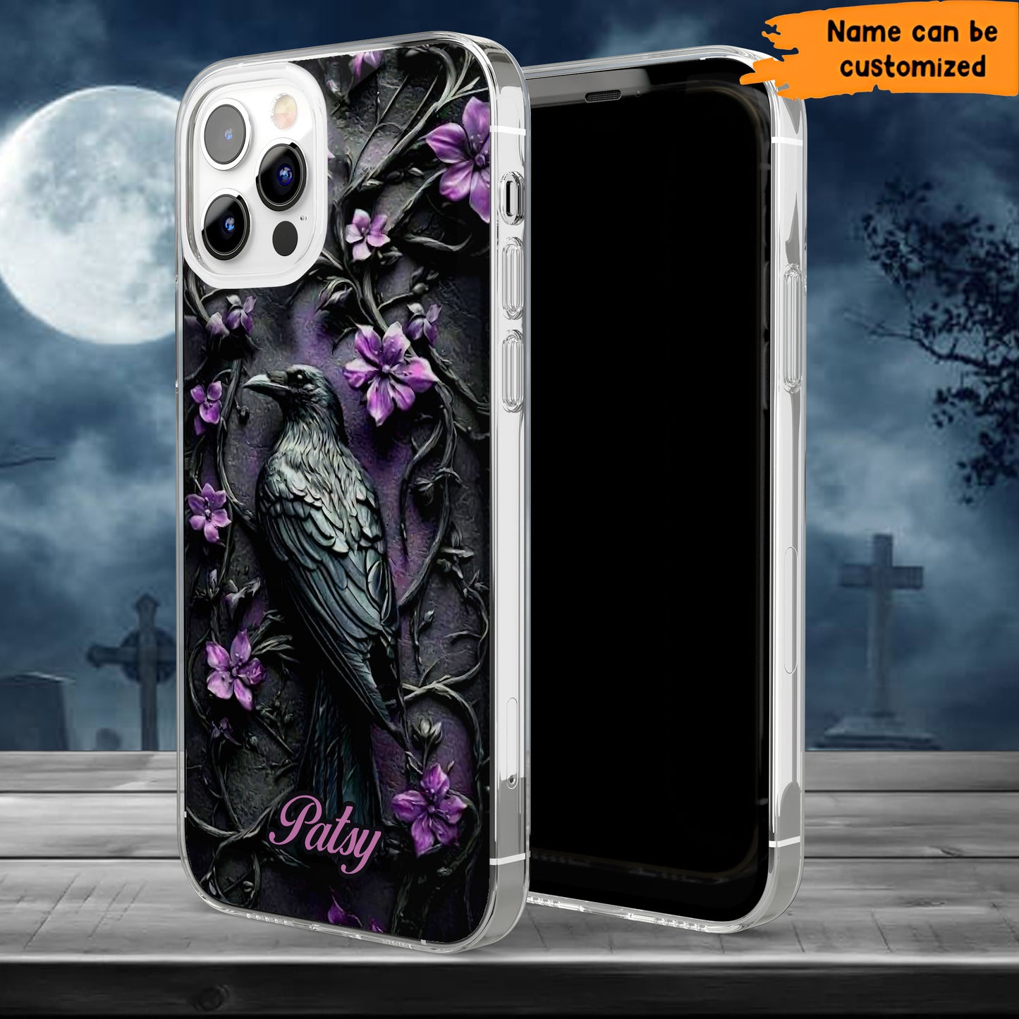 Gothic Raven Phone Case with Purple Flowers - Personalized Clear Phone