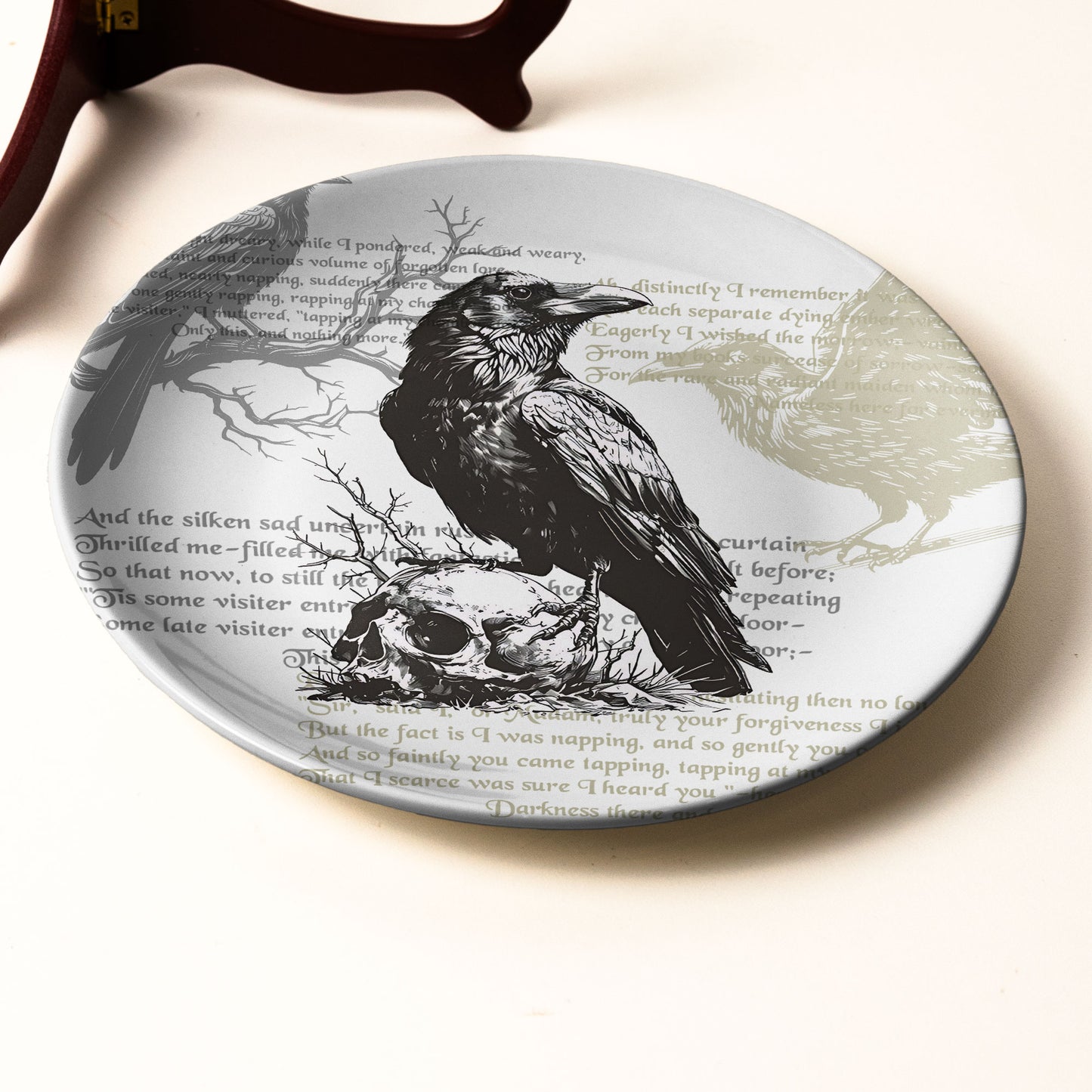 “Nevermore” Raven & Skull Decorative Ceramic Plate – Inspired by Edgar Allan Poe