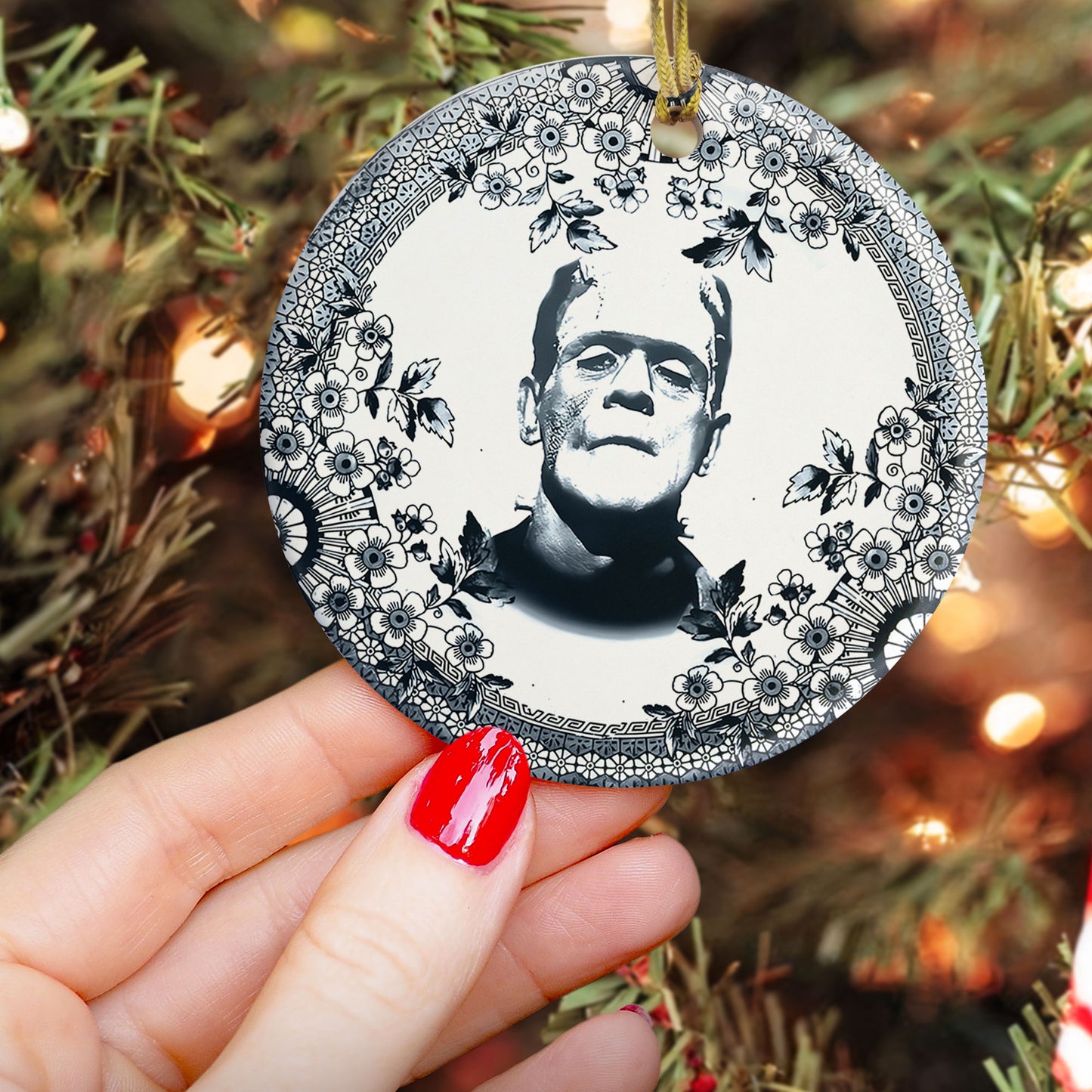Frankenstein Vintage Floral Christmas Ornament