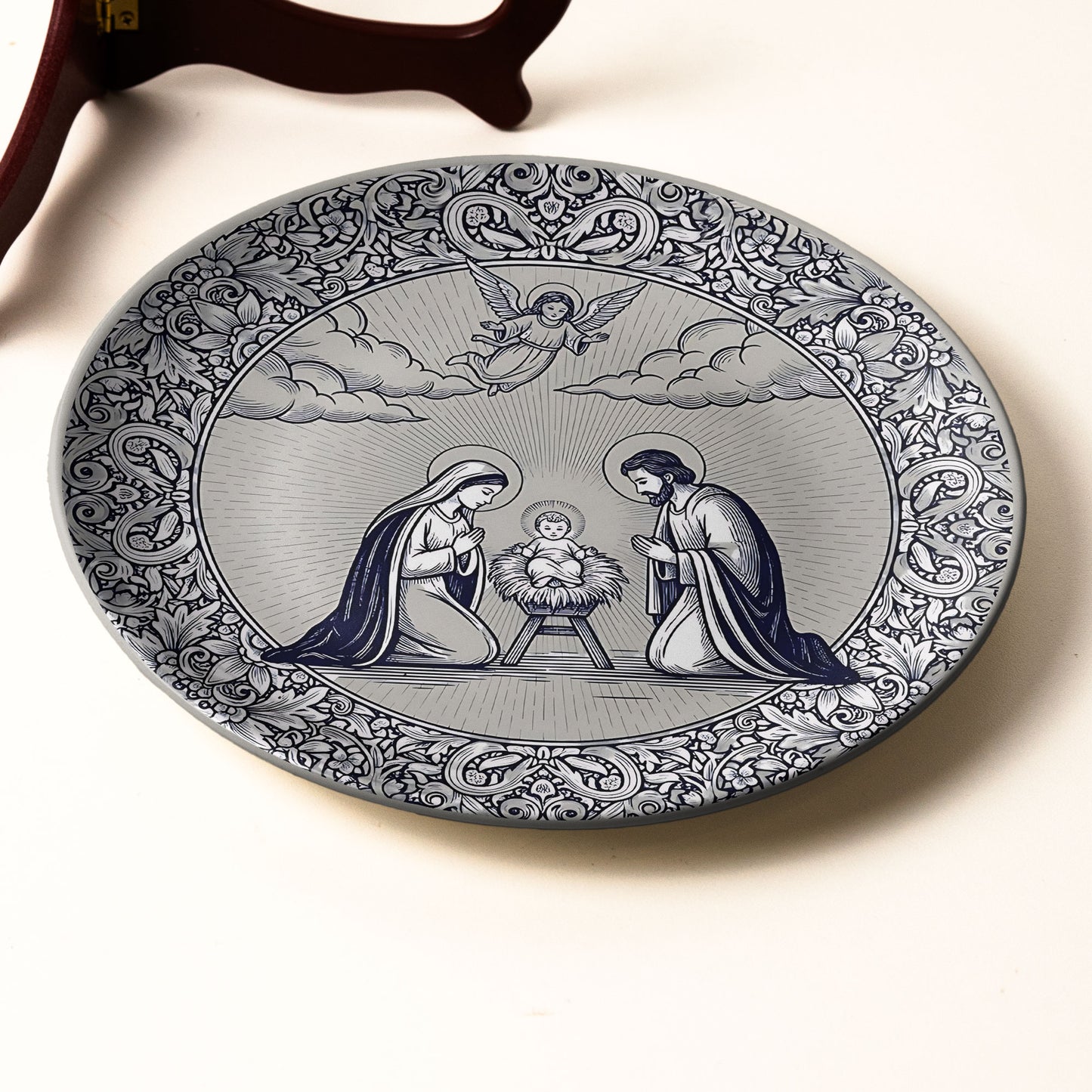 Holy Family Ceramic Plate – Blue & White Nativity Design