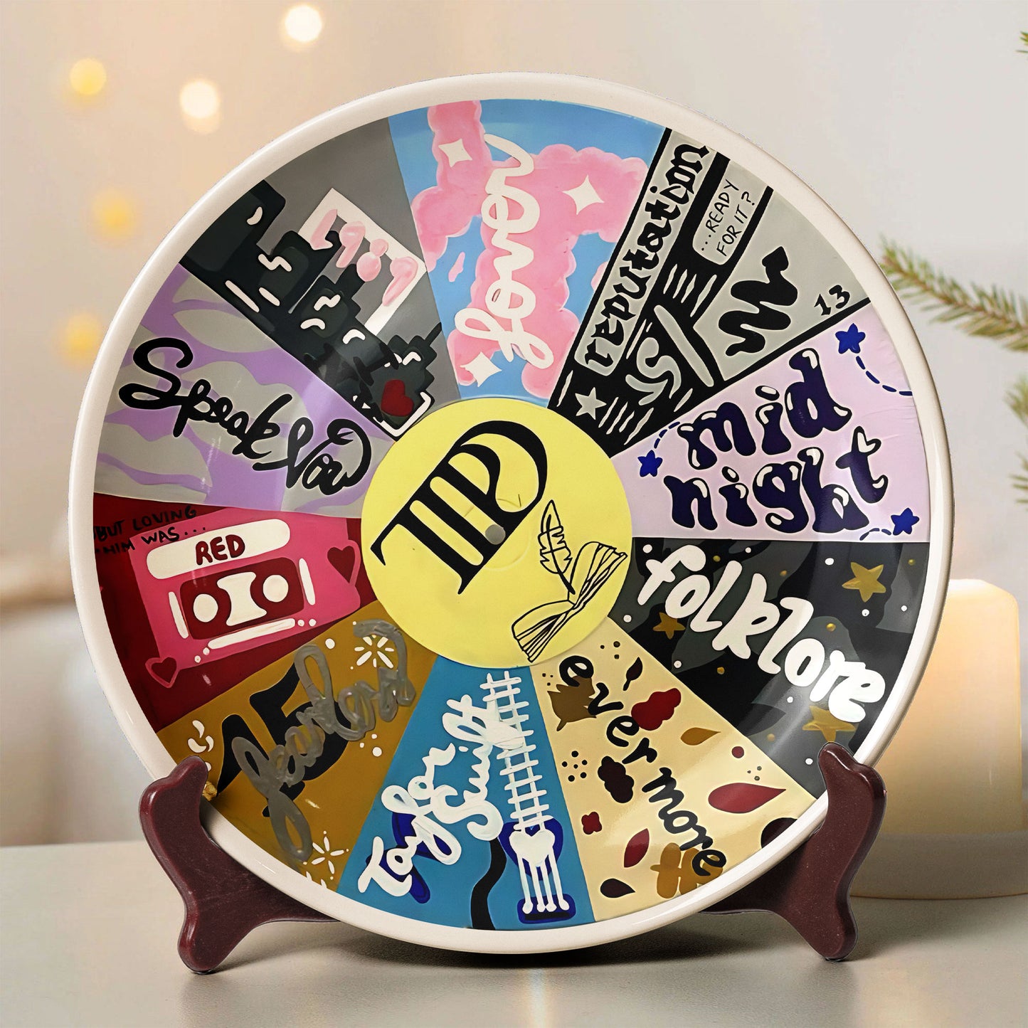 Taylor Swift Album Era Decorative Ceramic Plate – Colorful Collectible Dish Featuring Red, Folklore, Lover, Reputation & More