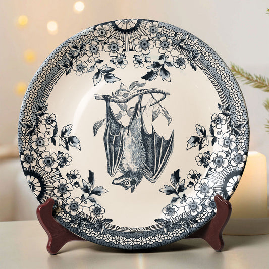 Gothic Bat Decorative Ceramic Plate – Vintage Floral Border Design